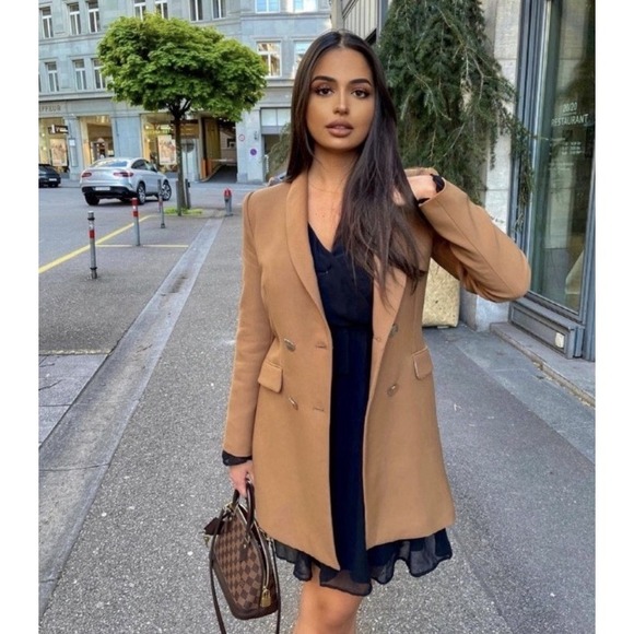 Zara M Double Breasted Blazer Jacket Long Camel Tan Gold Blogger Fave Old Money - Picture 3 of 10